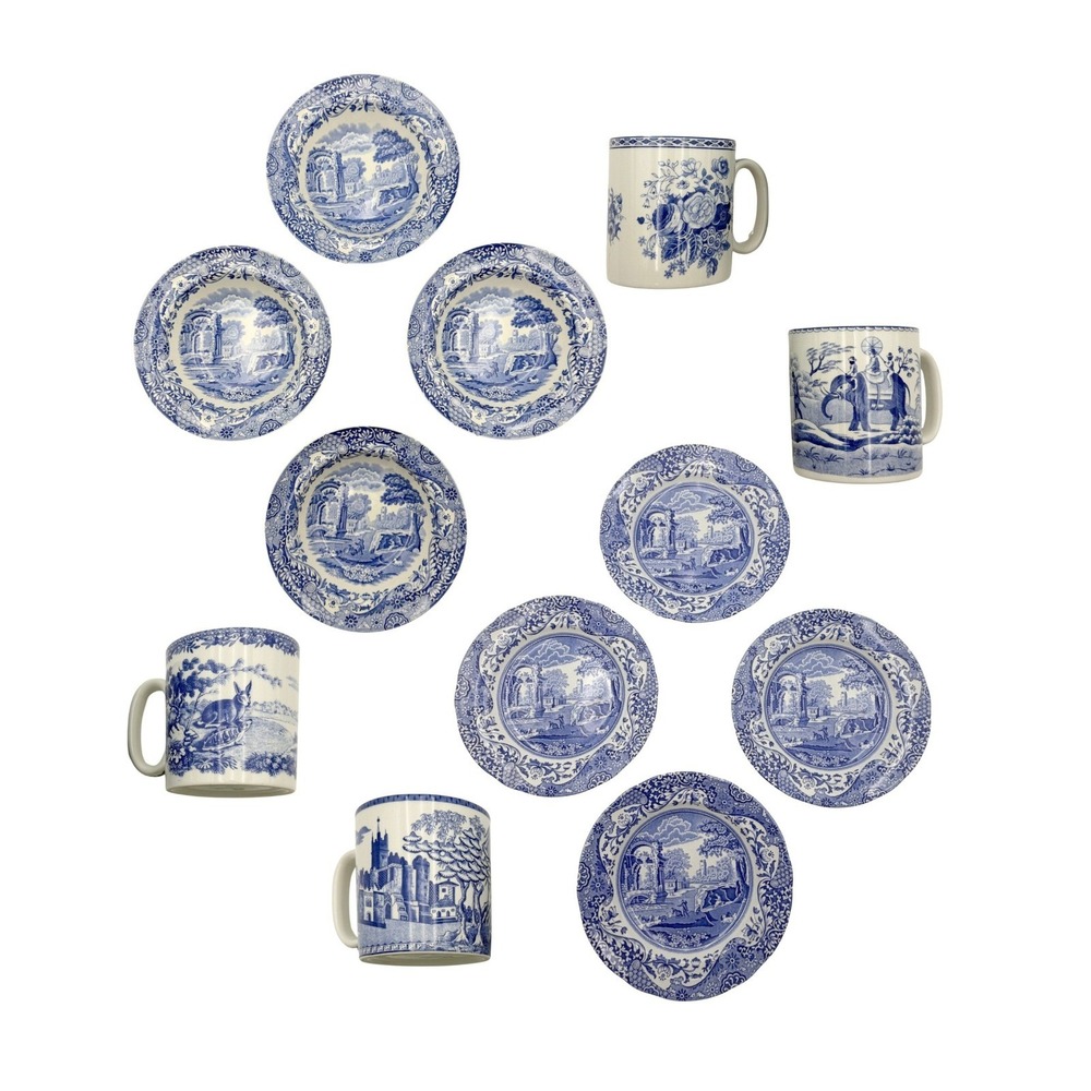 Spode Blue Room 12Pc VTG England Mugs Dessert Plates Fruit Bowls Transferware